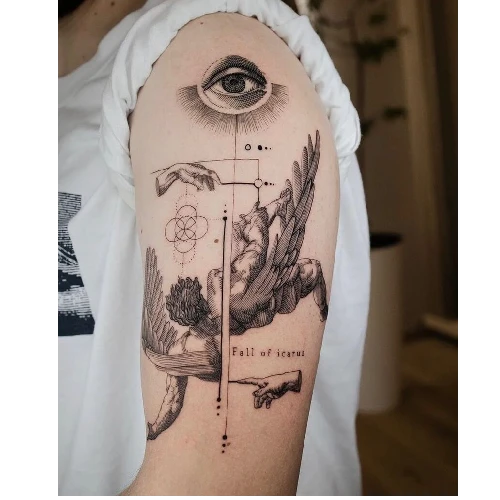 there is a Icarus Tattoo on bicep side